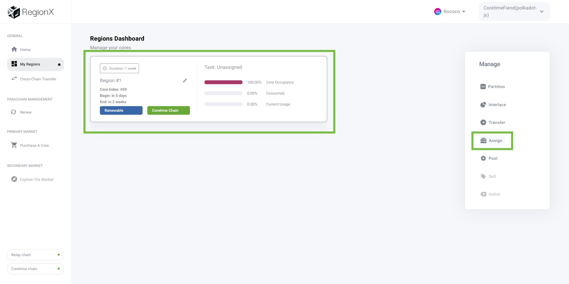 Select and assign region