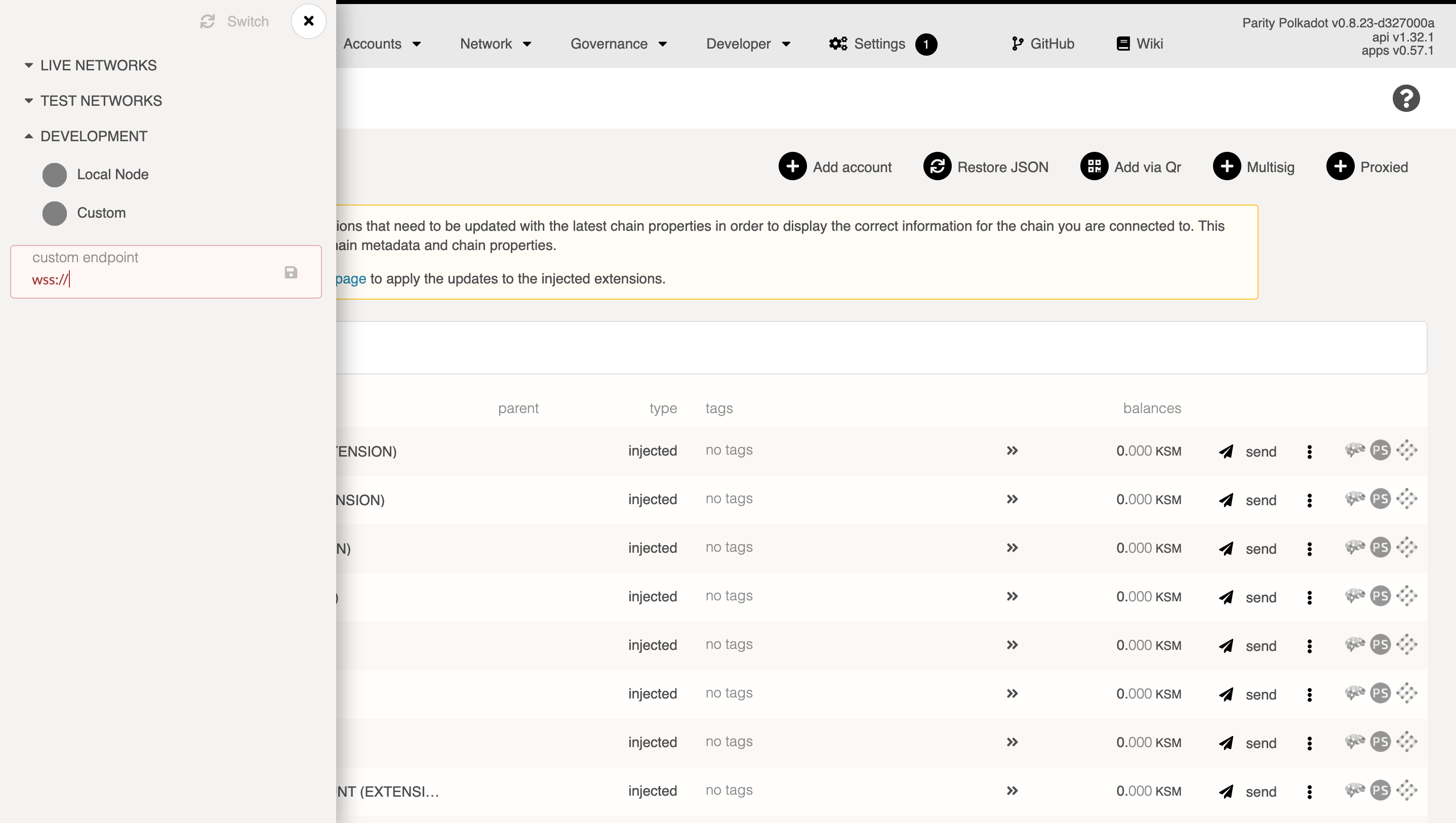 A sync-in-progress chain connected to Polkadot-JS UI